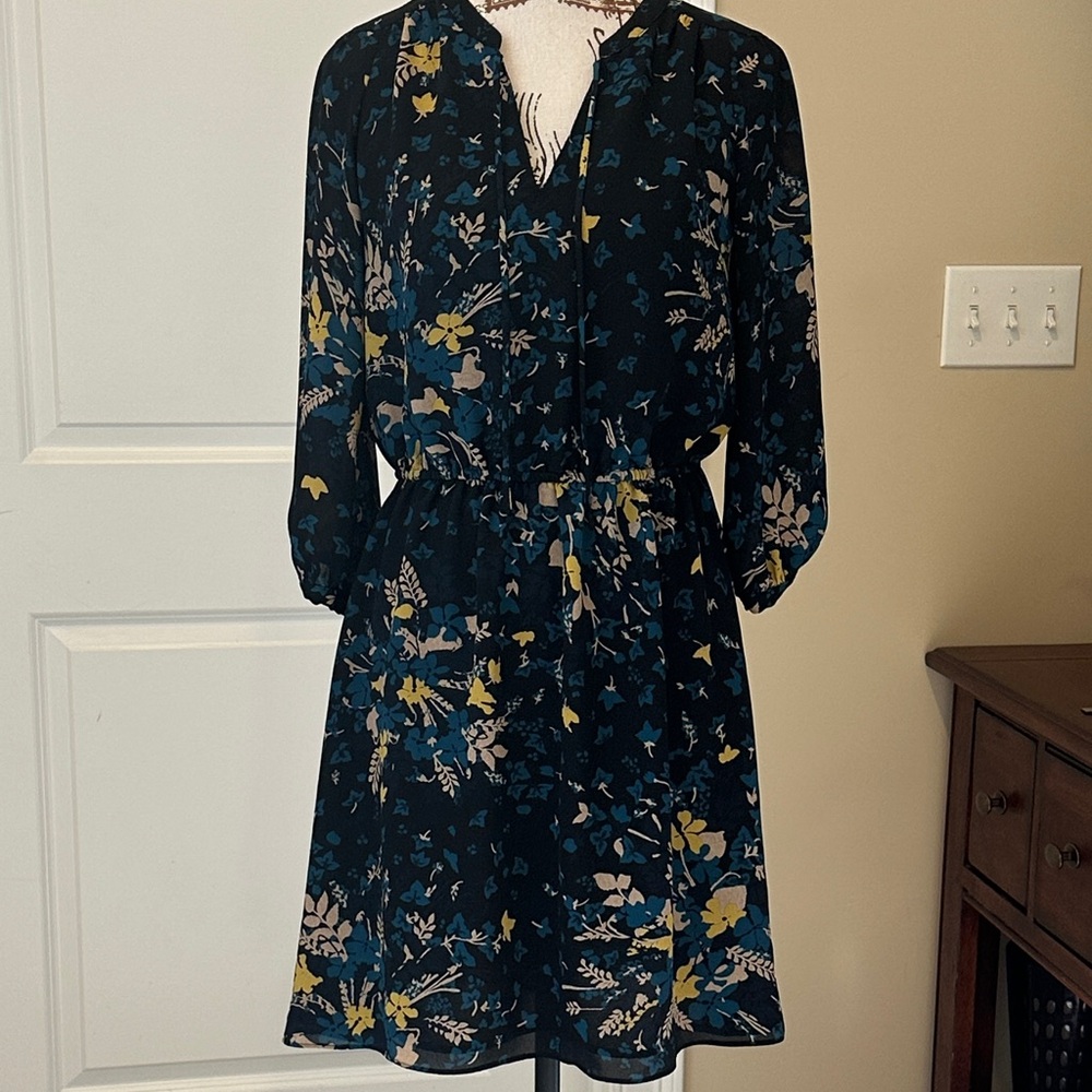 LOFT Blue Floral Long Sleeve Dress